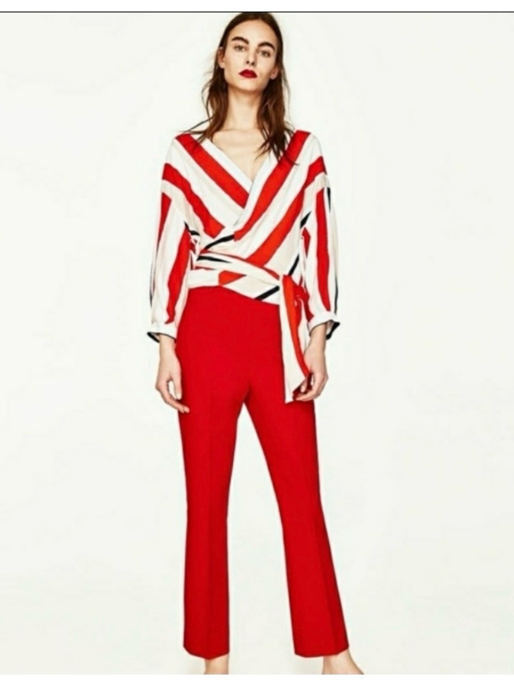 ZARA Striped Wrap Top Red White Small